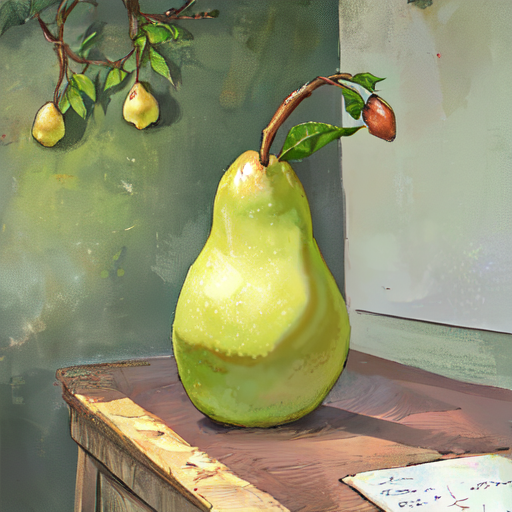 まだ木になっている小さな身と机に置いてあるもうかなり大きな果実の梨