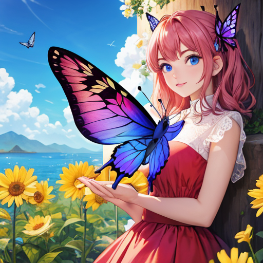 ちょうちょがピンク髪の女性めがけて飛んでいっているところのイラスト画像