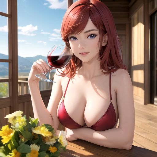 水着を着て優雅に昼からワインを飲んでいる若奥さん