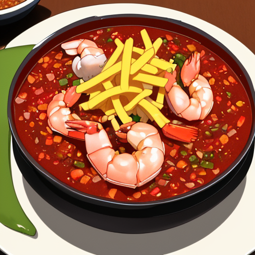 上にフライドポテトものせてあるエビチリ料理