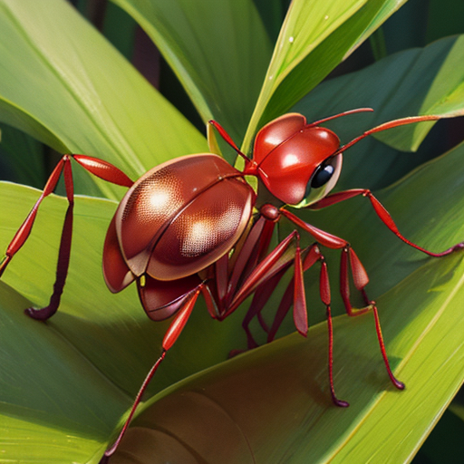 葉っぱの上を歩いてエサを探している働きアリ