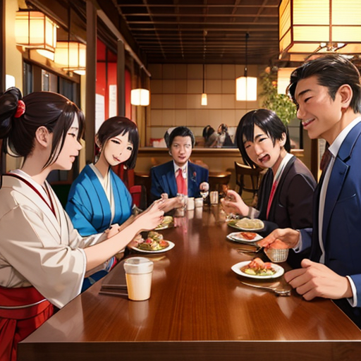 和服美女達と合コンしている男性達