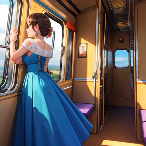 ドレスを着た女性が電車内の窓から外の景色を眺めている2次元画像
