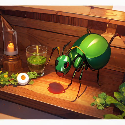 緑の蟻が人間がこぼした汁をなめようとしているところのフリー画像