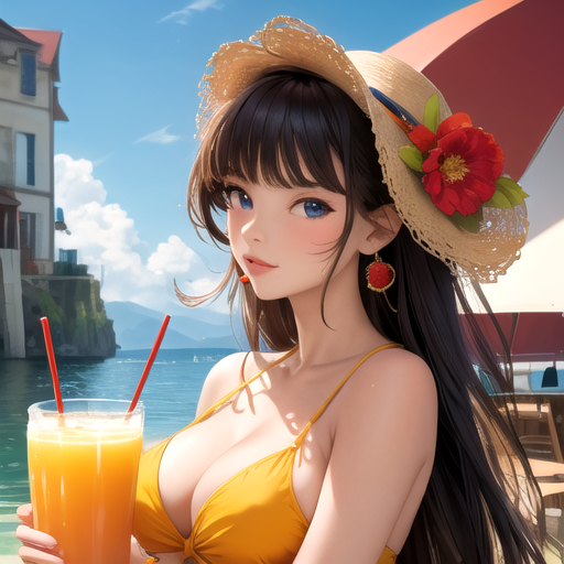 オレンジジュースをのみながら水着美女と遊んでいる風