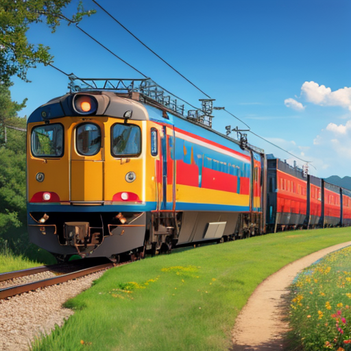 自然豊かな田舎を走っている電車の2次元イラスト画像