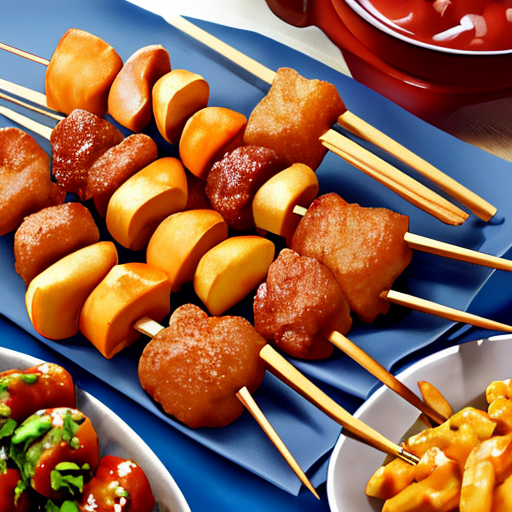 芋や肉などを刺している串揚げ