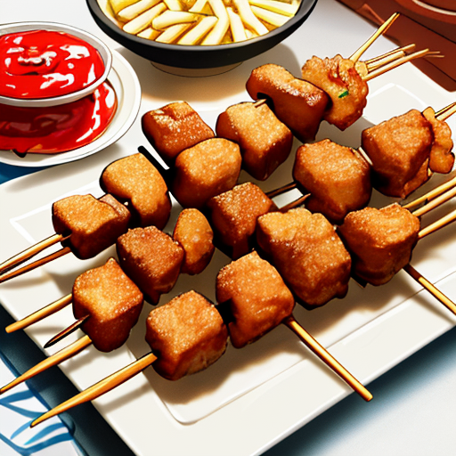 ケチャップやフライドポテトも添えられている串揚げ