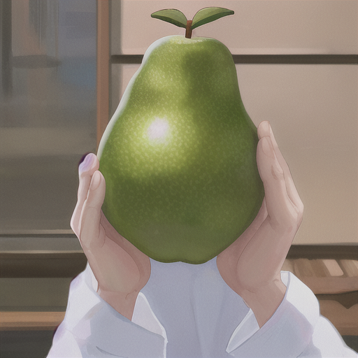 異様に大きい梨を手で抱えて持っている