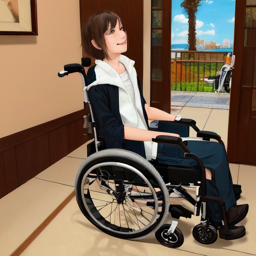 笑顔で車いすに乗っている人の2次元フリーイラスト