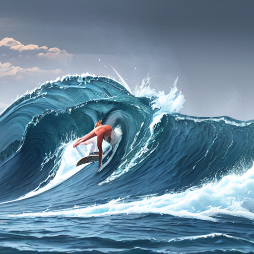 津波のように荒い波でサーフィンしている人がいる海