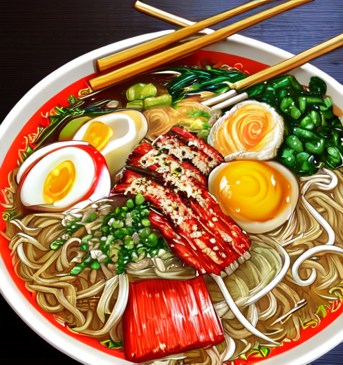 卵に肉に野菜と豪華なラーメンのイラスト